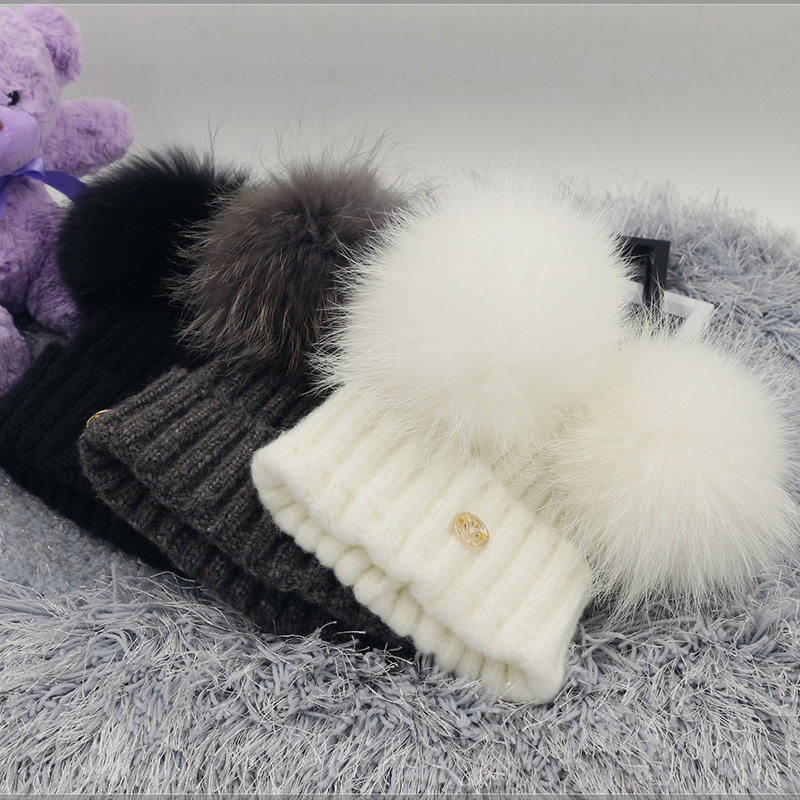 韩国秋冬双毛球帽子女超大貉子毛球帽保暖狐狸毛球针织羊毛线帽潮
