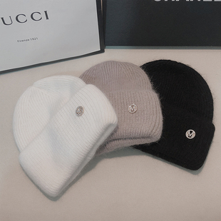 法国2021新款 M标兔毛针织帽女冬ins纯色百搭加厚保暖毛线套头帽男