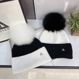 法国2022新款 M标狐狸毛球帽女秋冬拼色保暖护耳羊毛针织毛线帽男