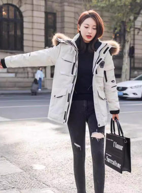 秋冬女大毛领90白鸭绒工装羽绒服