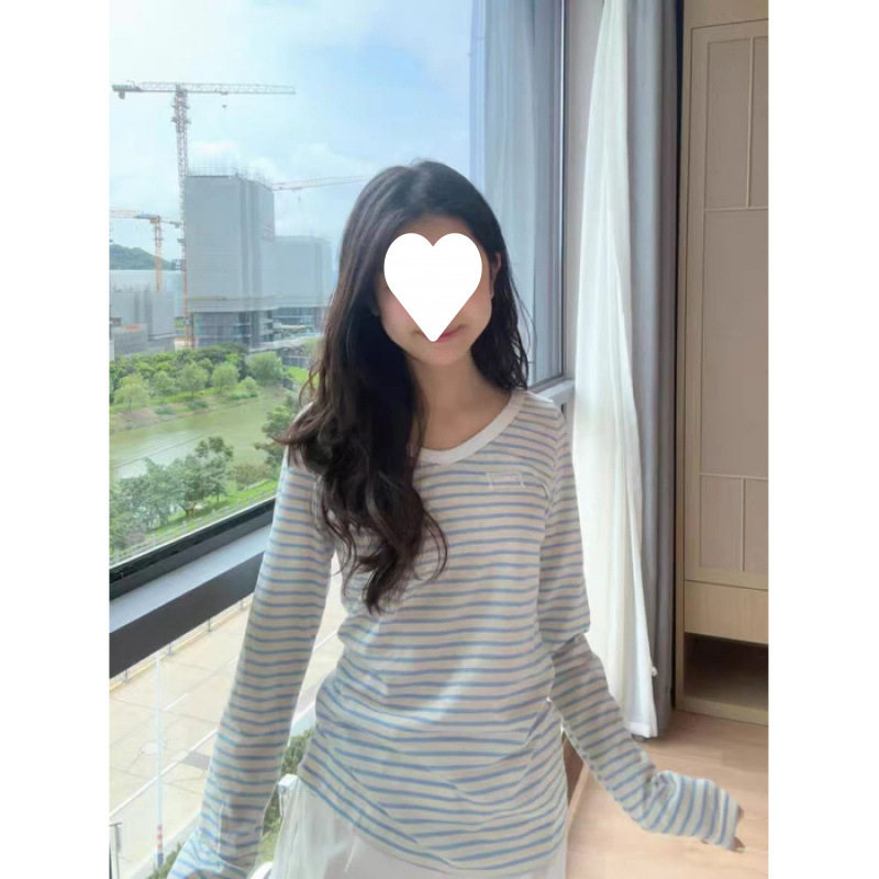 韩系薄款v领蓝白条纹长袖t恤女早秋宽松休闲百搭防晒罩衫打底上衣