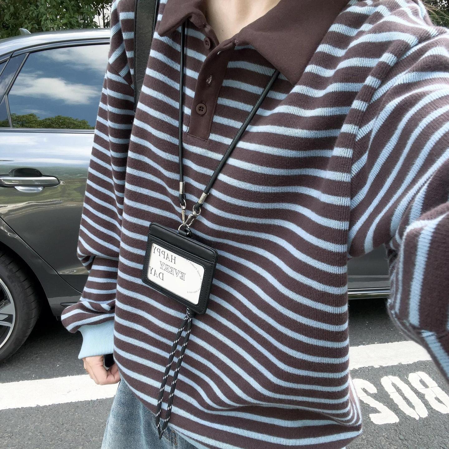 韩系学院风翻领条纹针织衫女秋冬复古撞色宽松长袖套头毛衣上衣潮