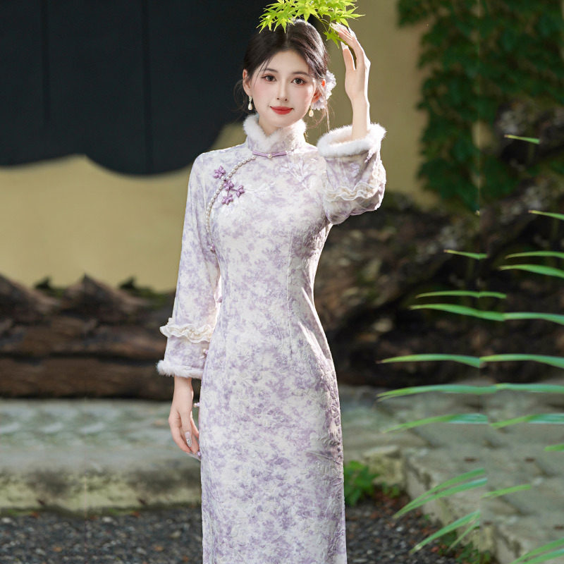 紫色冬装加绒加厚国风中式长款长袖旗袍2025新款女复古收腰