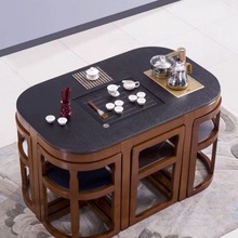 火烧石功夫茶桌椅组合现代中式小户型实木大理石茶几办公室泡茶台