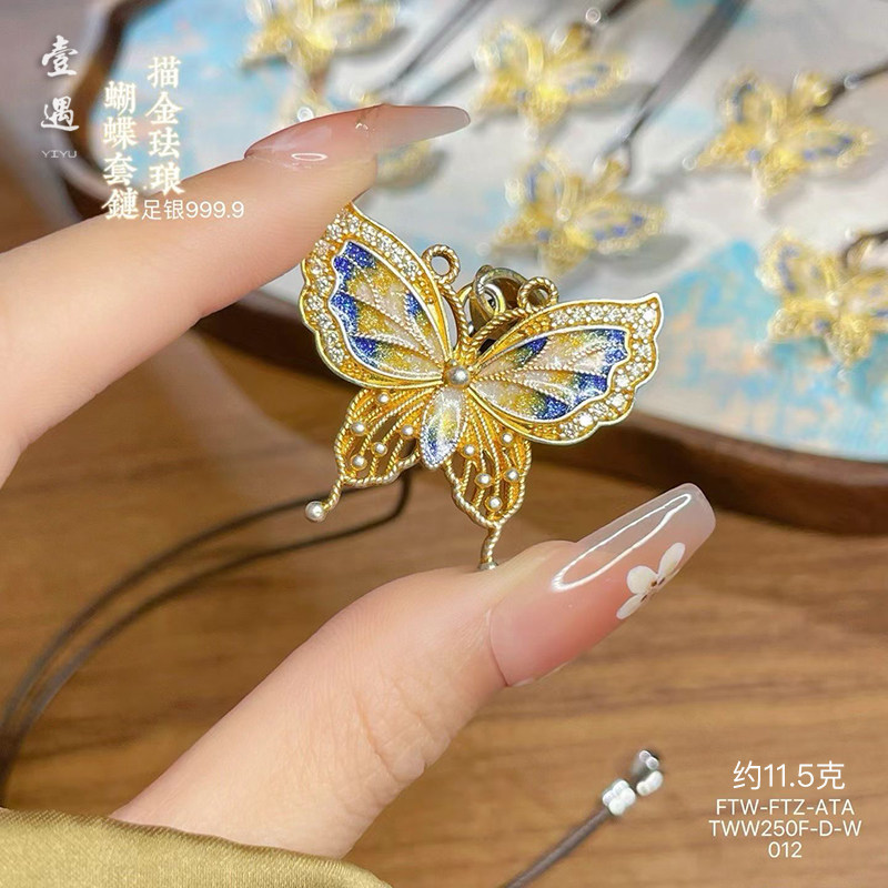 足银9999珐琅彩描金蝴蝶纯银项链国风新中式轻奢汉服百搭项链礼物图片