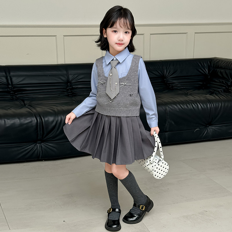 女童春秋套装2025新款儿童秋装洋气马甲衬衫格子裙女孩韩版三件套