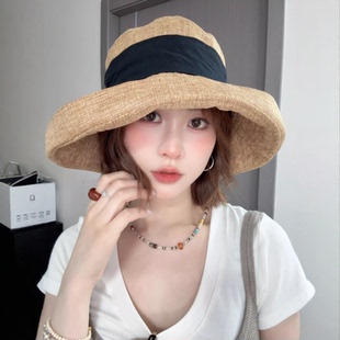 日系大檐卷边棉麻渔夫帽女夏季薄款防晒遮阳帽户外出游显脸小草帽