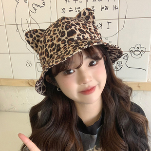 美式复古豹纹猫耳朵盆帽女韩版时尚街头小众渔夫帽显脸小遮阳帽子