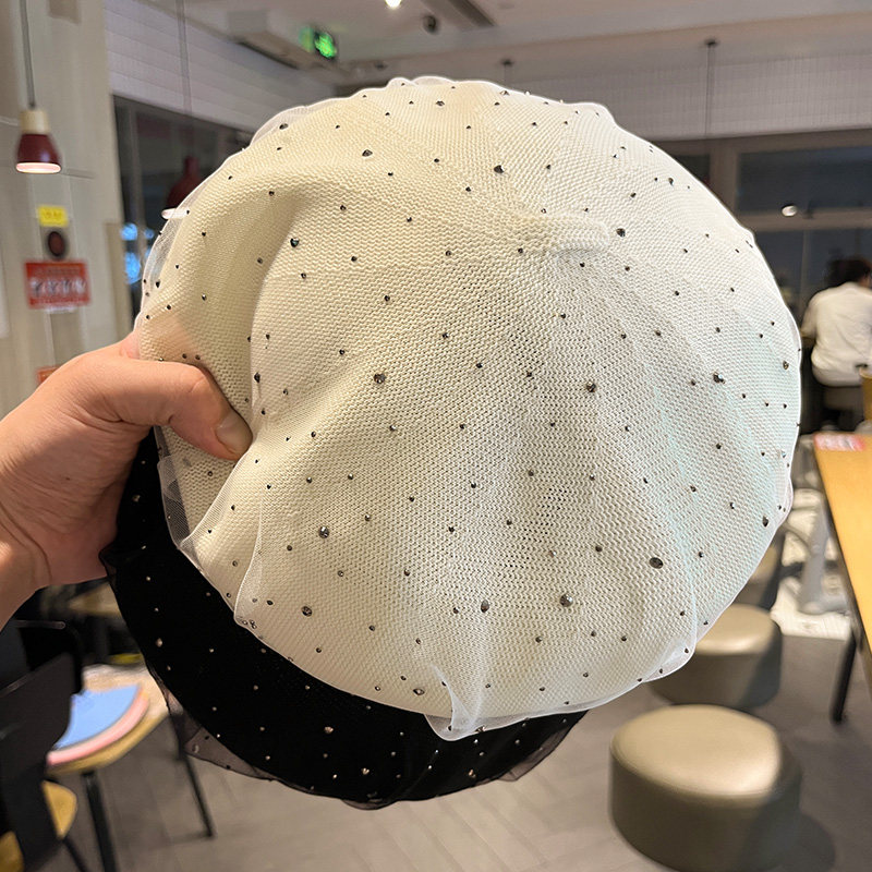 2026新款韩版时尚水钻网纱贝雷帽子女夏季薄款透气镂空针织画家帽