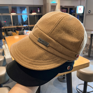 露思同款毛呢鸭舌帽子女款2025新款韩系简约字母金属标素颜遮阳帽
