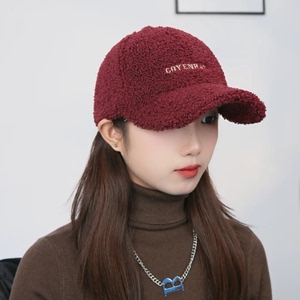 安可拉红色棒球帽子女春秋季时尚百搭羊羔绒鸭舌帽保暖防寒显脸小