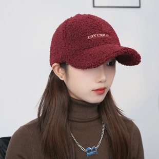 安可拉红色棒球帽子女春秋季时尚百搭羊羔绒鸭舌帽保暖防寒显脸小