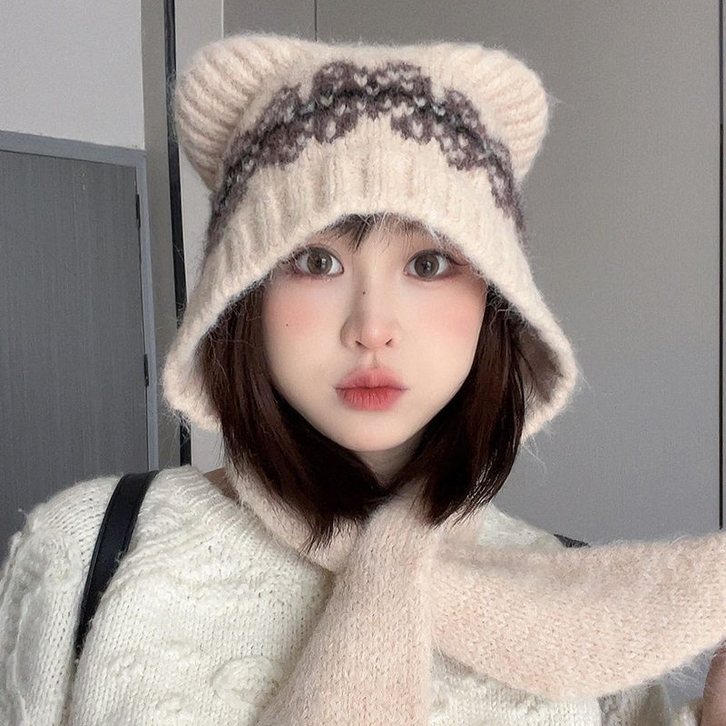 可爱猫耳朵针织护耳帽子女2025新款秋冬季软糯慵懒风套头帽显脸小