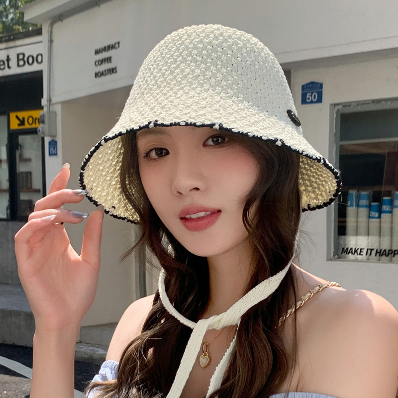 薄款镂空渔夫帽子女款夏季户外出游百搭显脸小水桶帽花边绑带盆帽