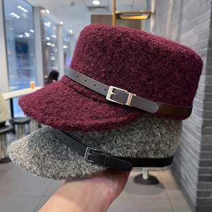 复古羊绒混纺马术帽子女款2026新款冬季保暖防寒皮带扣平顶鸭舌帽