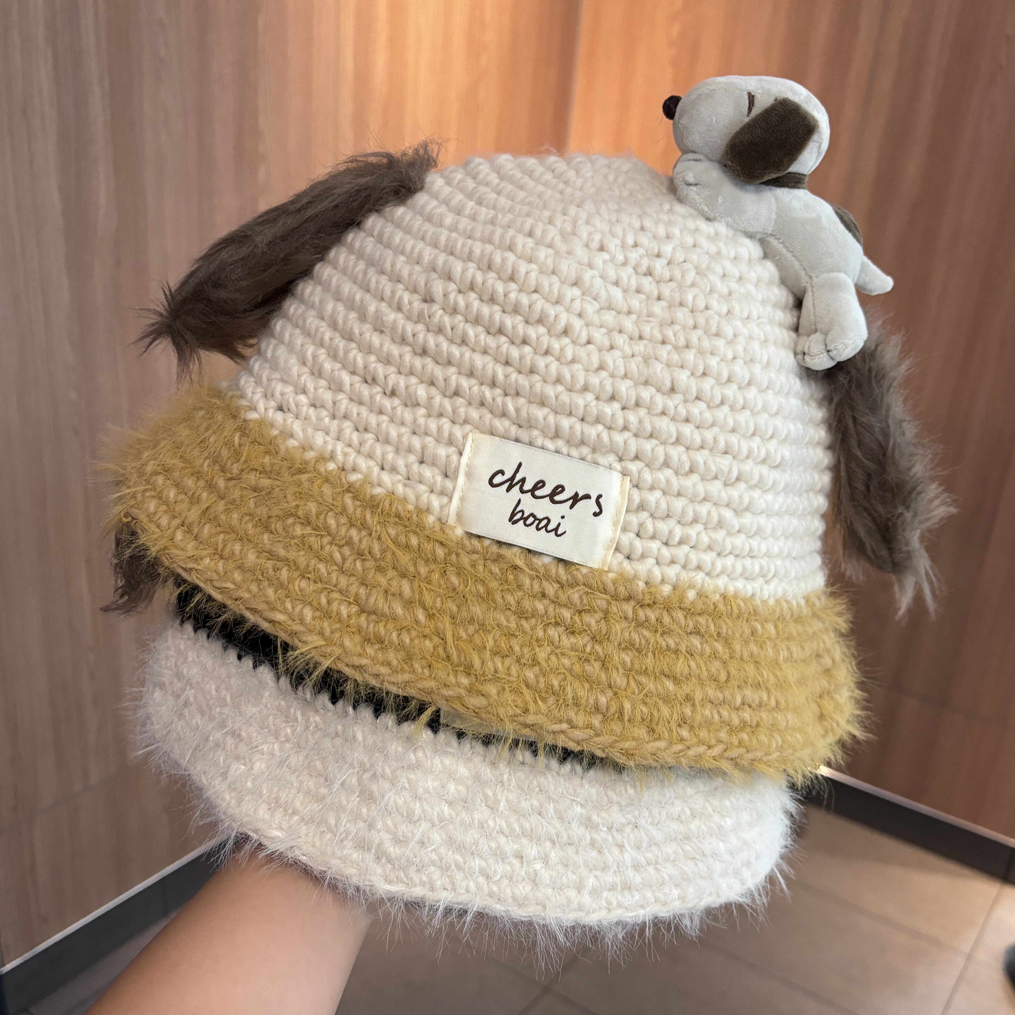 小狗手工针织渔夫帽子女秋冬季