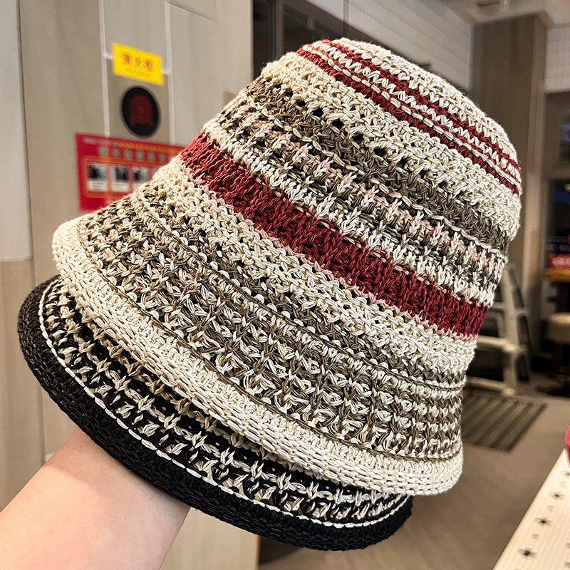 日系多巴胺镂空针织水桶帽子女夏季户外出游条纹防晒渔夫帽可折叠