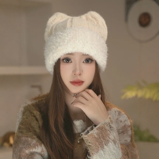 可爱卡通猫耳朵毛绒护耳帽子女冬季加厚保暖套头帽百搭氛围感冷帽