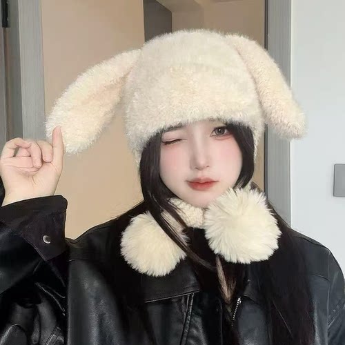 2025新款毛绒兔耳朵针织帽