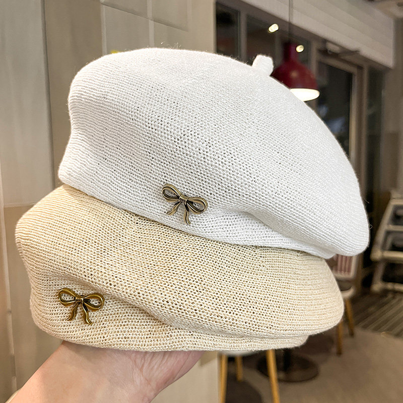 韩版时尚金属蝴蝶结贝雷帽子女夏季镂空针织透气画家帽百搭显脸小