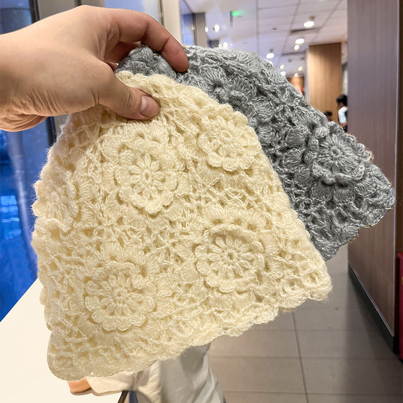 秋冬季手工勾花镂空针织包头帽子女大头围保暖防寒显脸小毛线帽潮