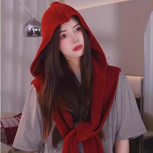 韩版慵懒风多功能设计感连帽披肩女2024新款帽子围巾一体围脖外搭