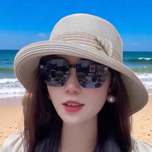 防晒草帽女夏季时尚卷边赫本风渔夫帽子可折叠防紫外线草编太阳帽