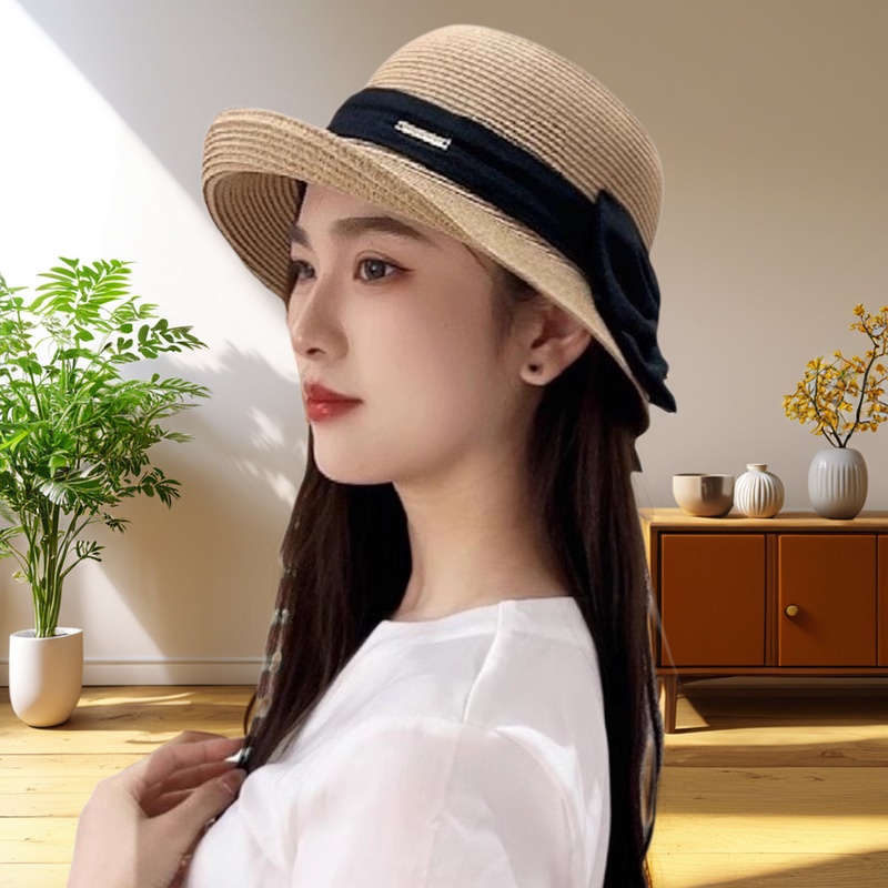 赫本风卷边草帽女时尚气质