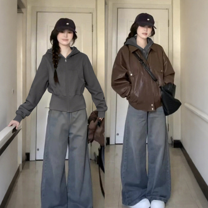 深灰色短款卫衣女厚外套修身收腰连帽上衣韩系初冬穿搭正肩修身