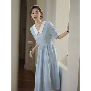 【水星记】大码微胖MM娃娃领蓝色短袖裙子夏季宽松连衣裙