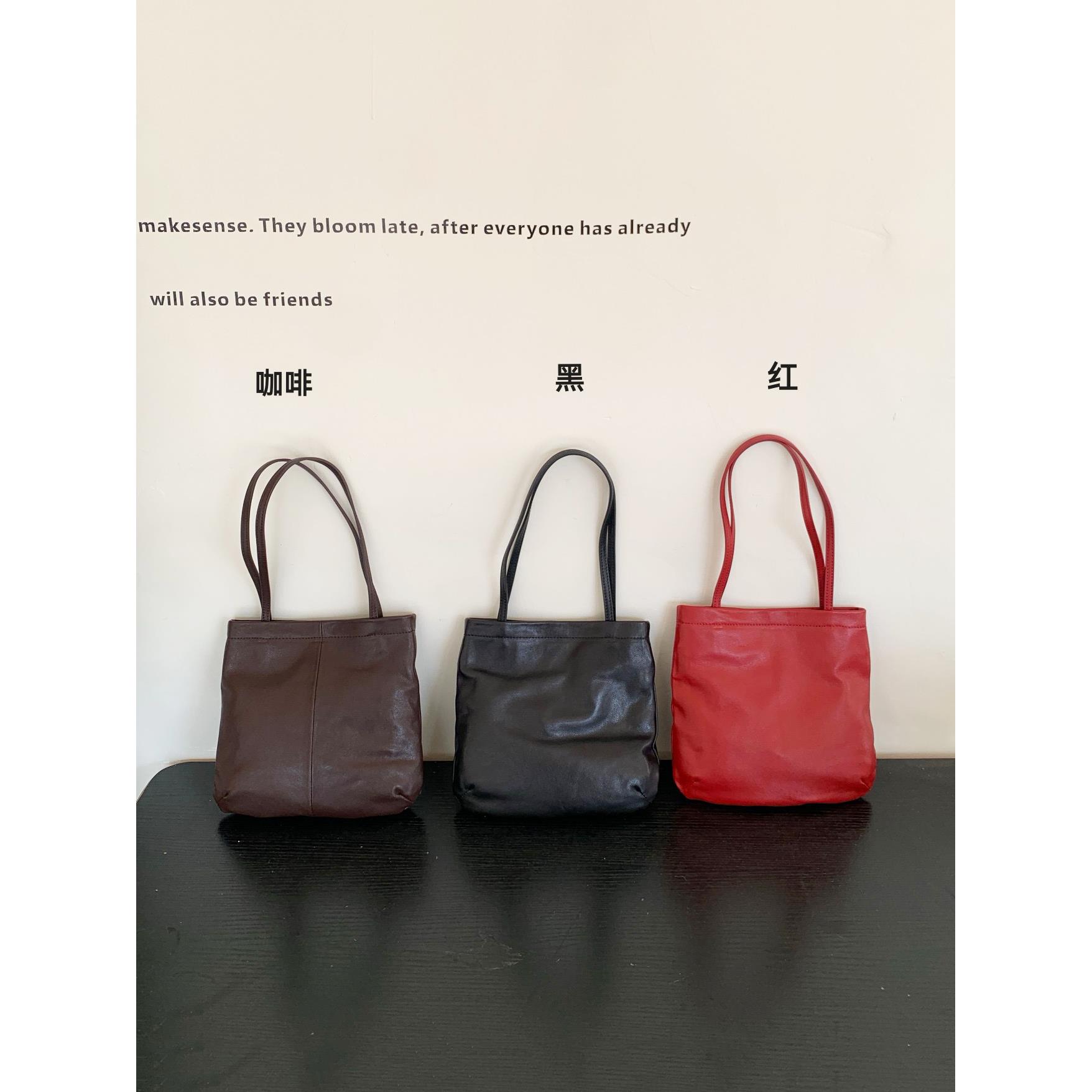 头层羊皮水桶包中古腋下包女高级感复古通勤单肩包斜挎包小托特包