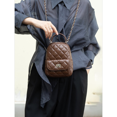 小香风菱格链条双肩包女高级感真皮小众手提双肩背包迷你斜挎小包