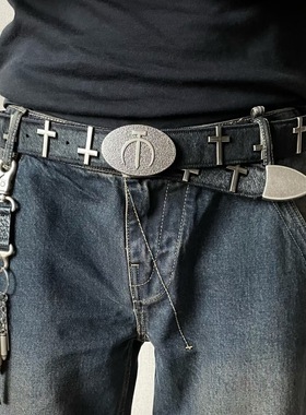 小众 马毛朋克复古十字架金属腰带男百搭个性皮带潮流装饰裤带