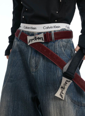 ArguE CulturE重磅做旧金属牌PU皮马毛皮带小众复古高级百搭腰带