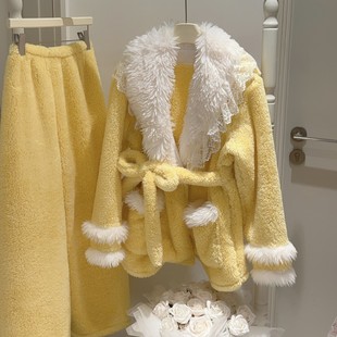 冬季新款珊瑚绒睡衣蕾丝大翻领系带法兰绒长袖长裤加厚保暖三件套