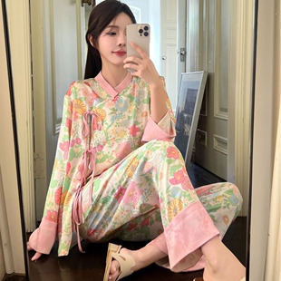 【少女信筏】2024早春新款国风少女家居服撞色花朵家居服长袖冰丝