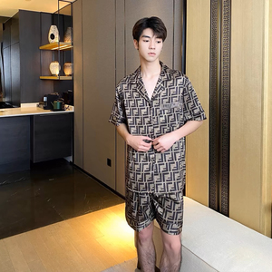 咖色情侣冰丝睡衣夏季短袖薄款男女套装高级感字母双F休闲家居服
