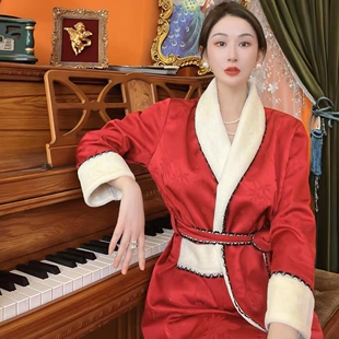 秋冬新款睡衣女本命红色高级感睡衣缎面加绒加厚保暖睡袍式家居服