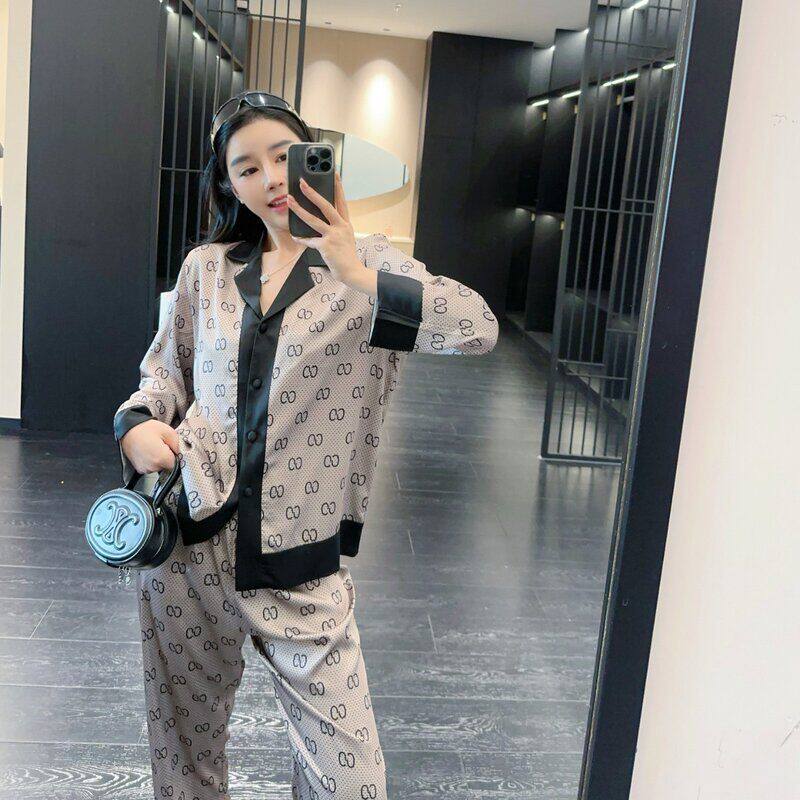 春秋季新款仿真丝绸英文字母睡衣女大牌气质高级感冰丝套装家居服