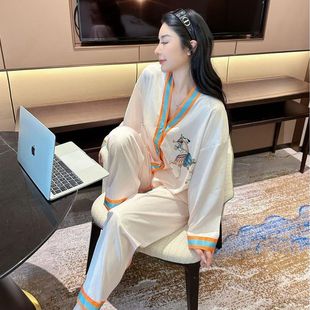 Yase 冰丝舒适家居服 罗马假日 春夏和服领拼色马高级感睡衣长袖