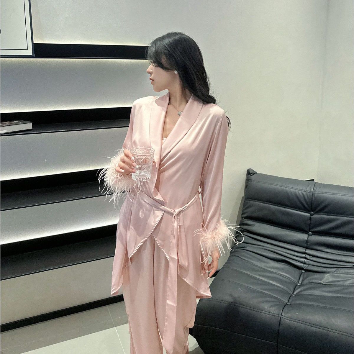 春夏款高定鸵鸟毛冰丝性感缎面薄款睡袍吊带三件套女春秋睡衣套装