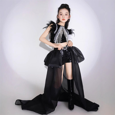 女童T台走秀黑色酷帅时装大玩家潮服疾风亮片拖套装PK大赛演出服