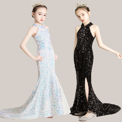 女童气质修身模特走秀亮片晚礼服