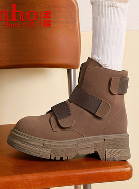 金猴土黄色马丁靴加厚加绒冬鞋女牛皮靴子保暖西部机车靴厚底冬鞋