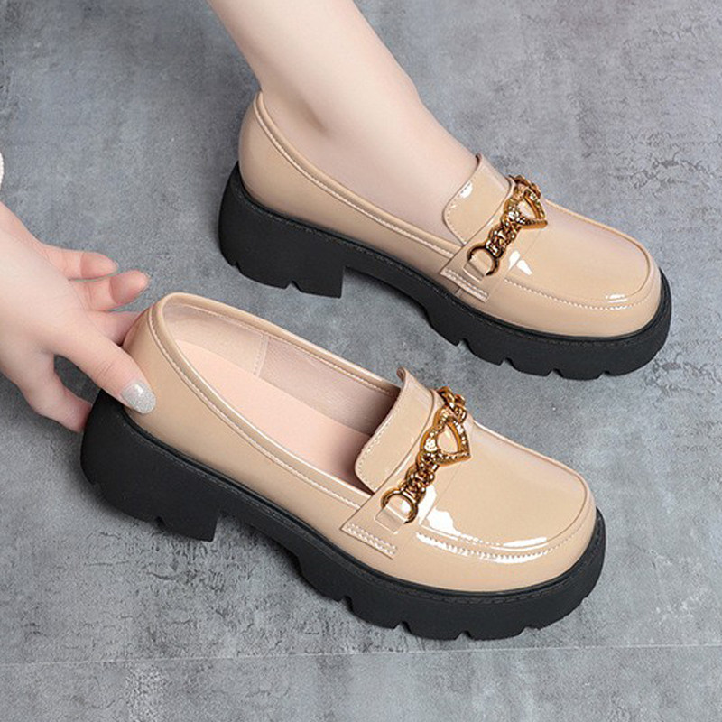 大码女鞋41-43 漆皮乐福亮皮面真皮厚底鞋圆头松糕底单鞋妈妈鞋子