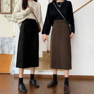 99052-035大码包臀裙子胖mm遮肚显瘦高腰毛呢a字半身裙梨型身材冬