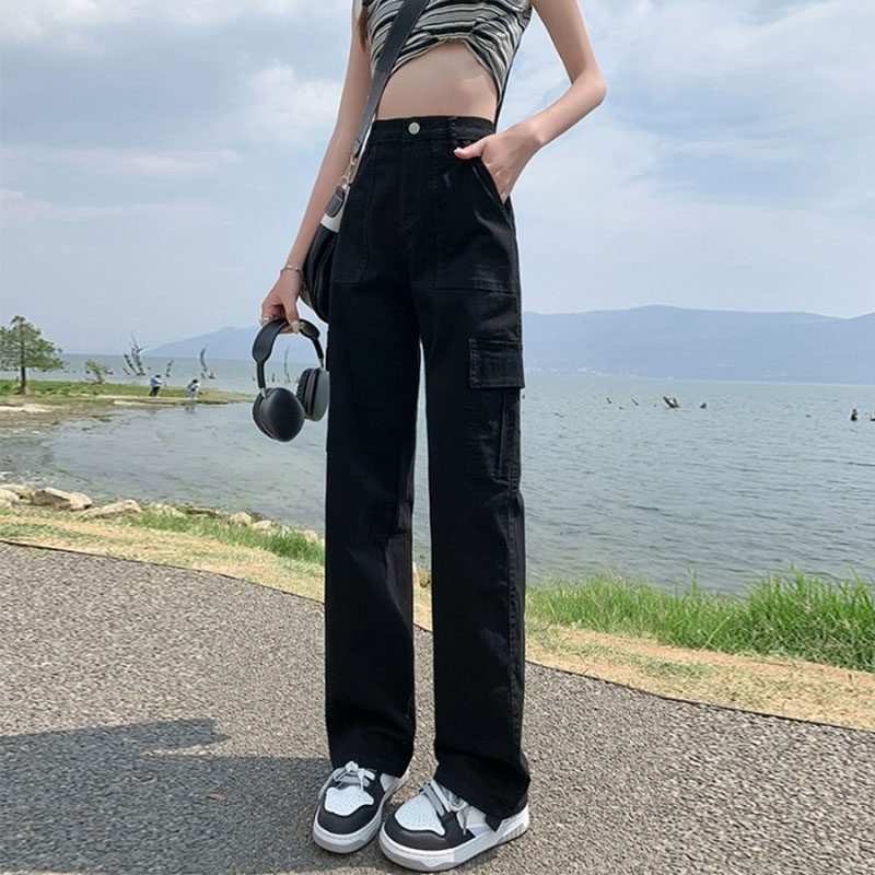 77110-043胖mm裤子大码工装裤女高腰直筒牛仔裤梨型身材粗腿宽胯