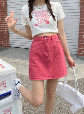 9881-034玫红色牛仔短裙胖mm显瘦遮肚半身裙梨型身材今年流行裙子
