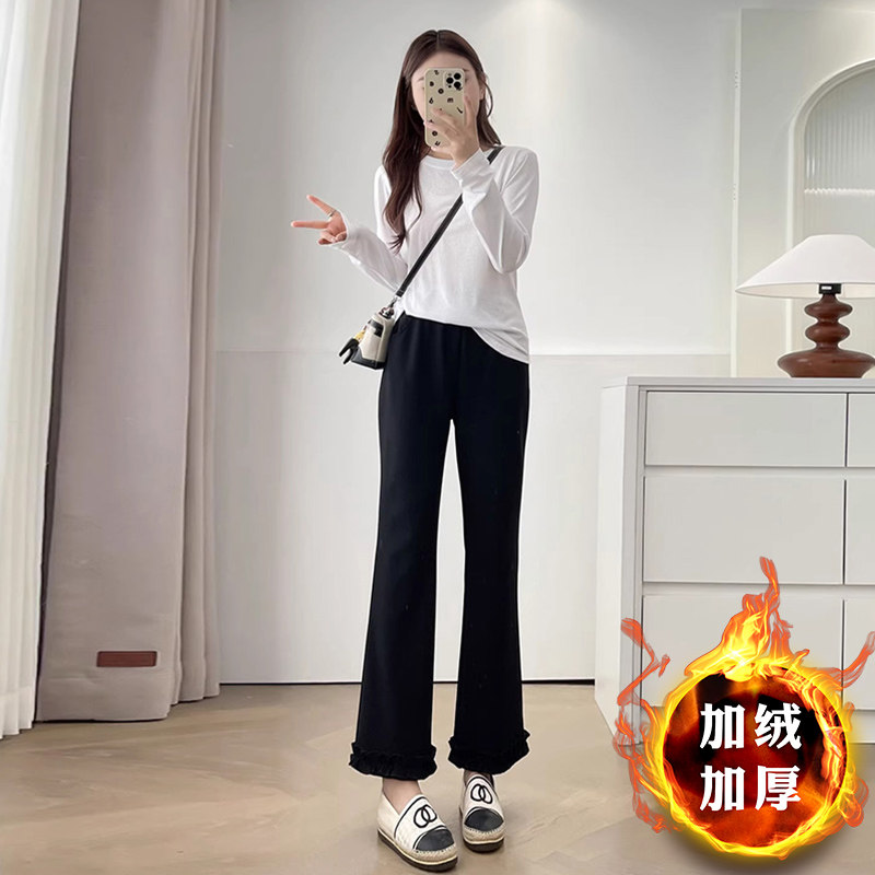 99307-42木耳花边加绒弹力西装裤女胖mm大码高腰直筒阔腿微喇裤