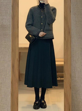 99133-040大码毛呢a字半身裙子胖mm遮肚显瘦黑色赫本风伞裙冬季